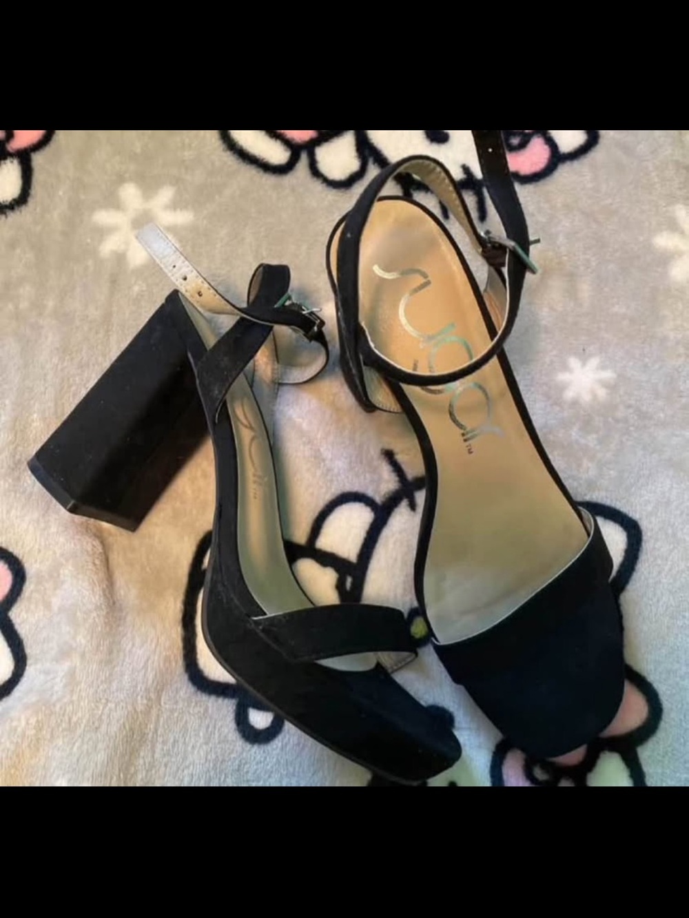 Suede Block Heel Ankle Strap Sandals - Black